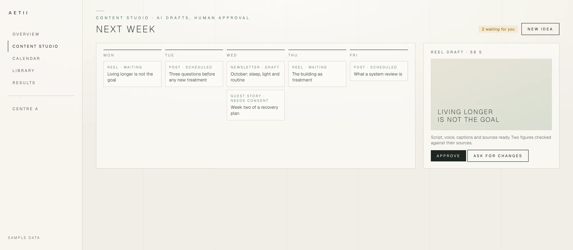 Content calendar for the week with drafts waiting for approval and a short video ready to review.
